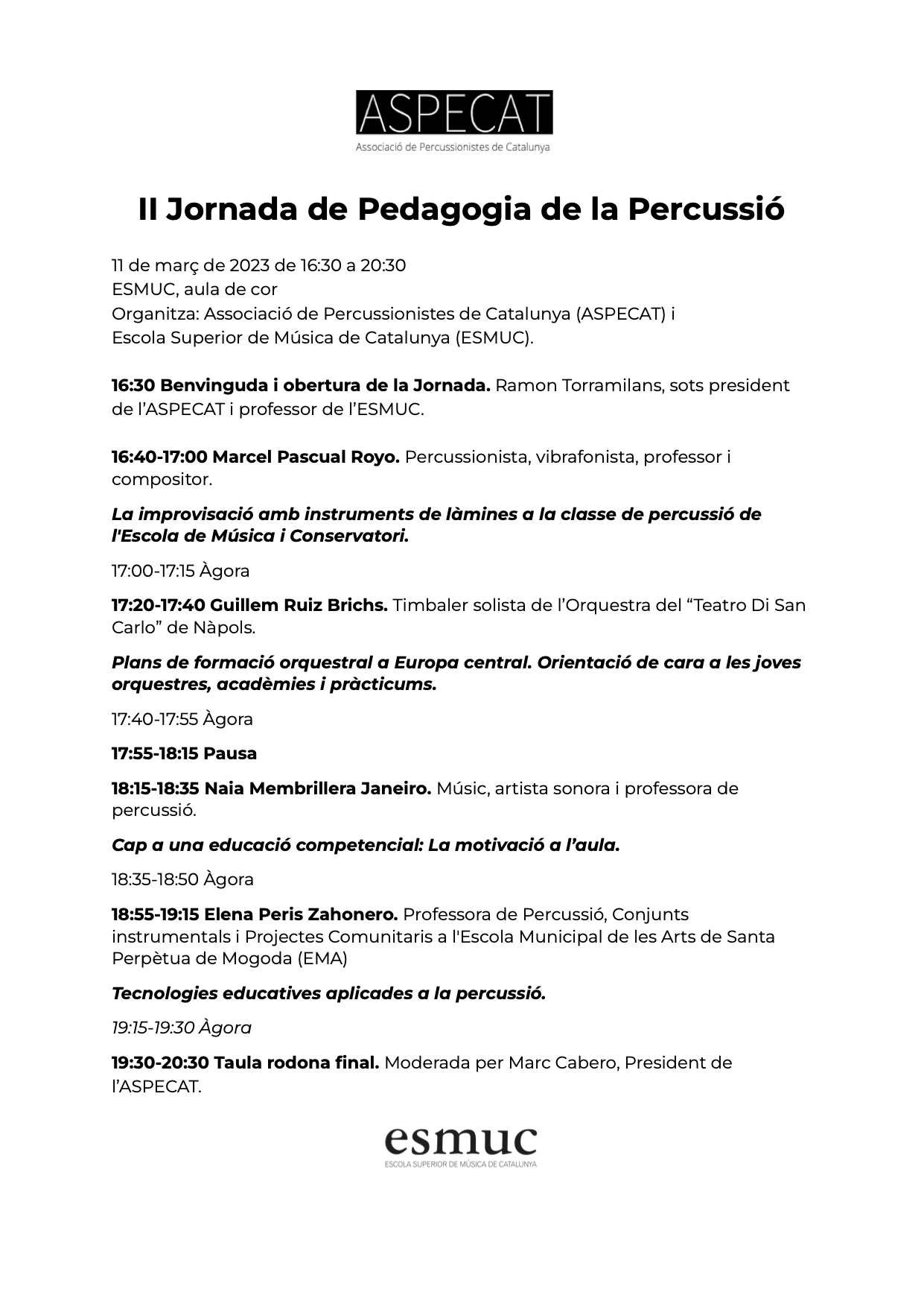 Programa 2a jornades de pedagogia percussió